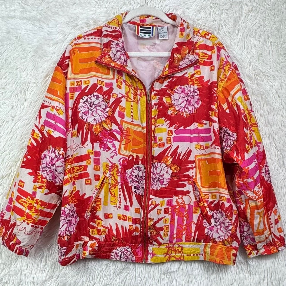 EVR 80s Vintage 100% Silk Abstract Floral Jacket Size L Neon Throwback